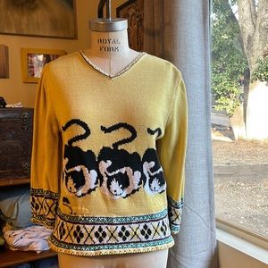 Vintage yellow crazy cat lady knit v neck sweater